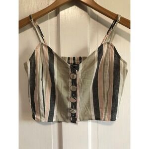 Express Womens Stripe Linen Blend Button Front Smock Back Crop Cami Top multi XS